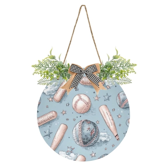 Vintage Baseball on Blue Front Door Porch Decoration Hanging Sign with Artificial Green Plants and Bow for Home Outdoor Indoor