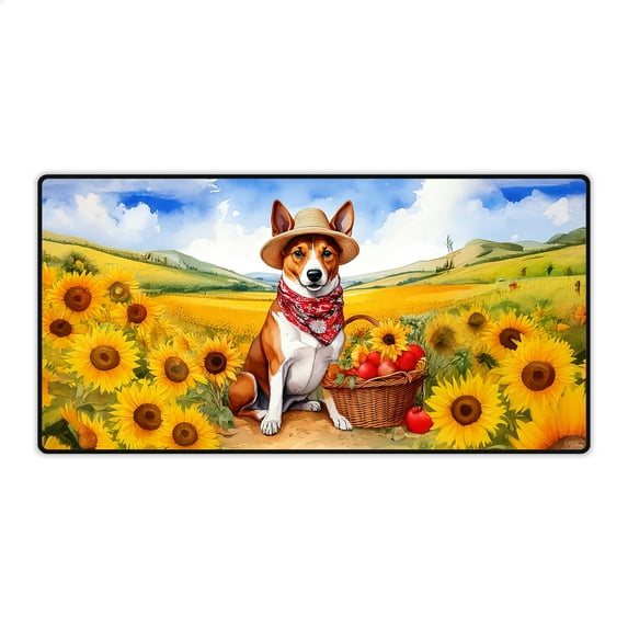 Vintage Basenji Says Hello Mother's Day Summer Sunflower Field Desk Mat Full Keyboard Mouse Pad African Barkless Dog Lover Large Mousepad - 12005