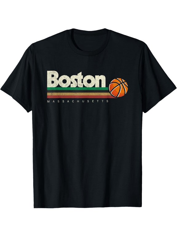 Vintage Basketball Boston City B-Ball Retro Stripes T-Shirt men and women can wear, black, white, gifts