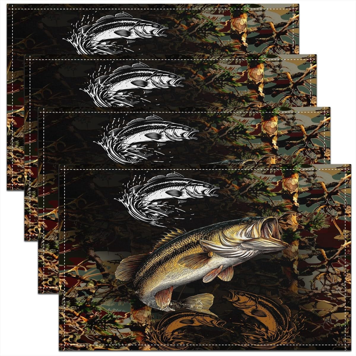 Vintage Bass Fish Placemats Set of 4 12x18 Sealife Fishing Hunting for ...