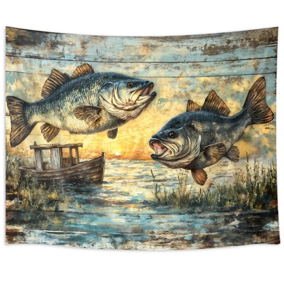 Vintage Bass Fish Tapestry, Rustic Wooden Board Style Lake Fishing Wall Hanging, Retro Fisherman Cabin Decor Tapestry for Bedroom Living Room, 90x60in