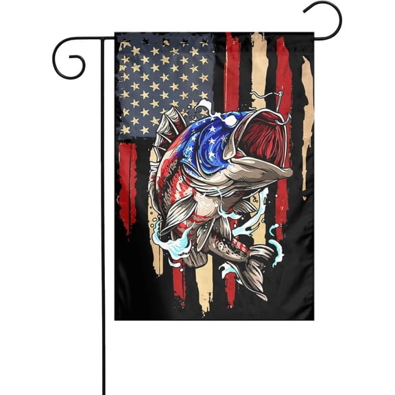 Vintage Bass Fishing Garden Flag American Flag Theme 12x18 Inch Vertical Double Sided Outdoor Seasonal Welcome Flag for Party Yard Decor