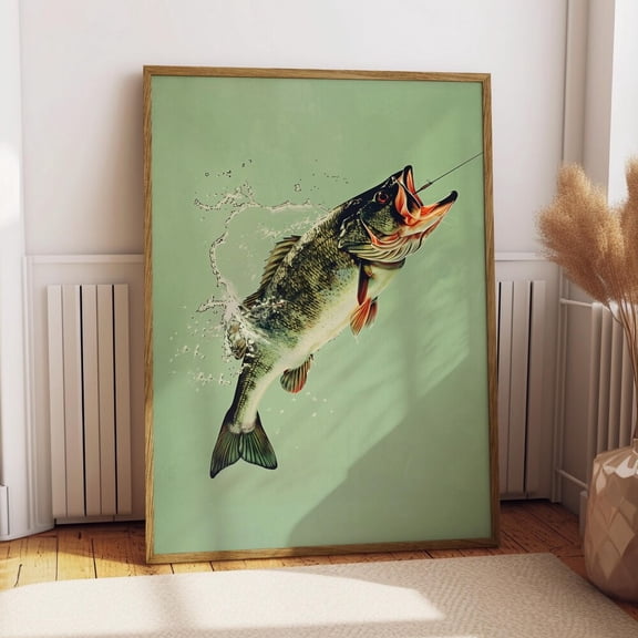 Vintage Bass Fishing Poster Art Cabin Wall Decor Outdoor Sports Angler Fisherman Illustration Father's Day Gift for Dad