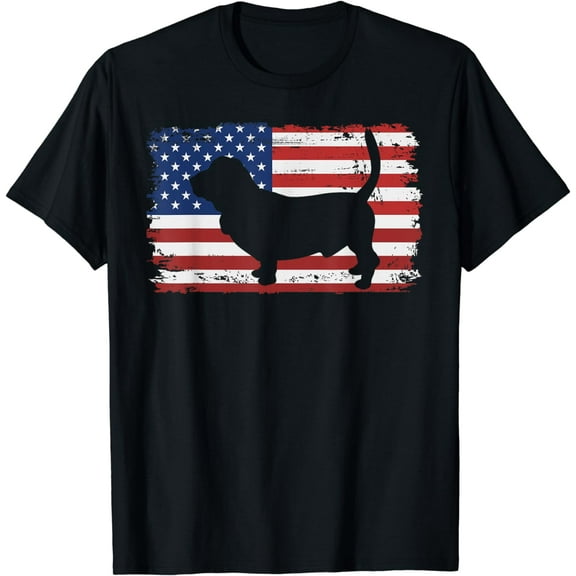 Vintage Basset Hound Dog US American Flag T-Shirt
