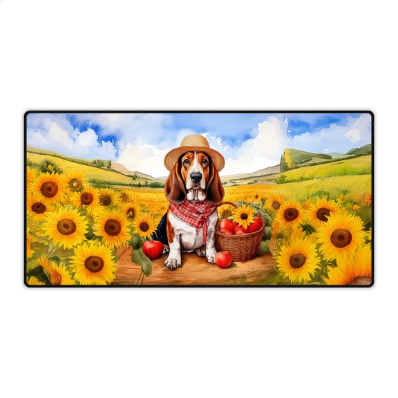 Vintage Basset Hound Says Hello Mother's Day Summer Sunflower Field Desk Mat Full Keyboard Mouse Pad Bassets Dog Breed Lovers Gifts Idea Large Mousepad - 12005