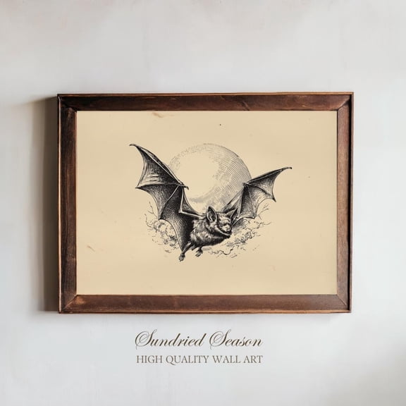 Vintage Bat Illustration Art Gothic Wildlife Animal Drawing Full Moon Dark Academia Home Decor, Unframed Canvas 16x20in