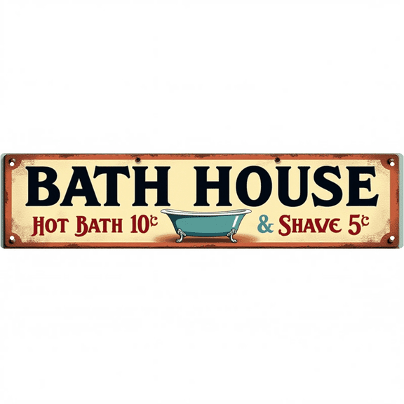 Vintage Bath House Tin Sign 16x4 Inch Bath House Hot Bath Design - Ideal for Bathroom, Patio, Outdoor Vintage Home Decor