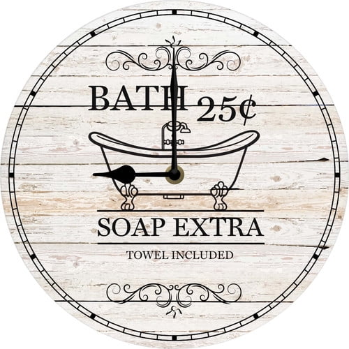 Vintage Bath House Wall Clock Rustic Bathroom Décor Wall Hanging Clock Farmhouse Home Decor for Restroom Bathroom Toliet Washroom Battery Operated Silent Non-Ticking 10x10 Inch