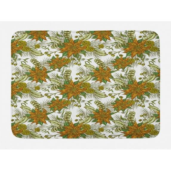 Vintage Bath Mat, Continuous Nostalgic Style Botanical Pattern with Flowers Pine Cones, Plush Bathroom Decor Mat with Non Slip Backing, 29.5" X 17.5", Dark Orange Multicolor, by Ambesonne