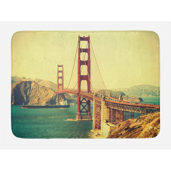 Vintage Bath Mat, Old Film Featured Golden Gate Bridge Suspension Urban Path Construction Scenery, Non-Slip Plush Mat Bathroom Kitchen Laundry Room Decor, 29.5 X 17.5 Inches, Blue Brown, Ambesonne
