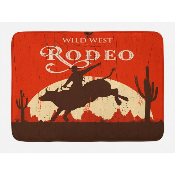 Vintage Bath Mat, Rodeo Cowboy Riding Bull Wooden Old Sign Western Wilderness at Sunset Image, Non-Slip Plush Mat Bathroom Kitchen Laundry Room Decor, 29.5 X 17.5 Inches, Redwood Orange, Ambesonne