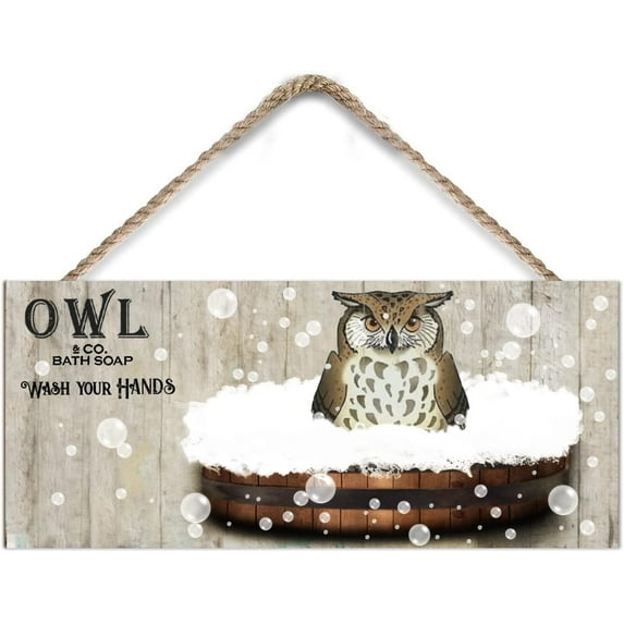 Vintage Bath Soap Owl Wooden Hanging Sign Bathtub Animal Wall Art Funny Bathroom Decor for Home Office Cafes Bar Club Housewarming Gift Shabby Signs 6x12 Inches