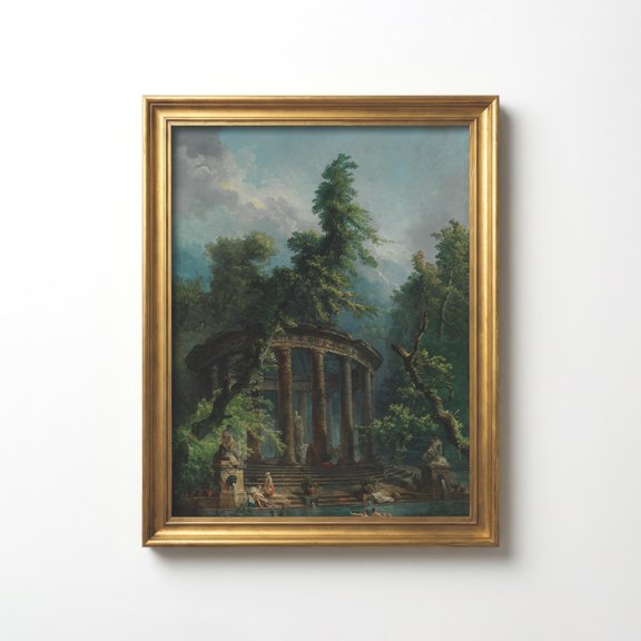 Vintage Bathers Painting Print Hubert Robert Bathhouse Scene Rococo Garden Art Romantic Classical Wall Decor French Artwork