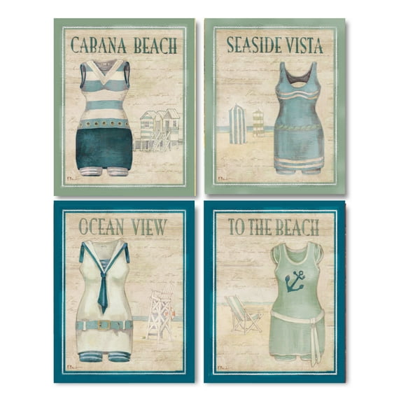 Vintage Bathing Suits: Cabana Beach, Seaside Vista, Ocean View, to the Beach; Four 8x10in MDF Mounted Prints; Ready to hang!