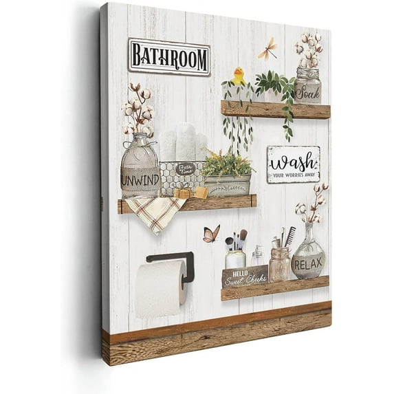 Vintage Bathroom Decor Wall Art Farmhouse Flower and Butterfly Bathroom Poster Mason Jar Floral Picture Canvas Print Décor for Bathroom Bedroom Framed Artwork 12x16 inch
