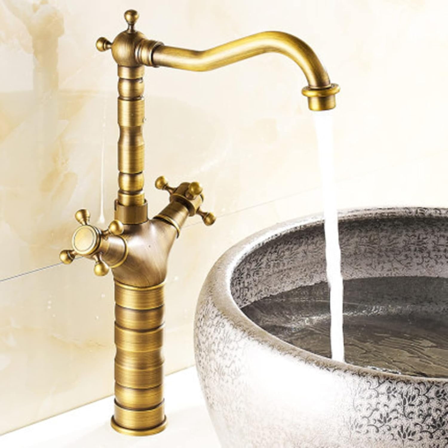 Vintage Bathroom Faucet Antique, 360 Degree Swivel Spout Bathroom Sink Faucet, Cold Hot Mixer Vintage Vanity Tap, Lavatory Faucet with Cross Handle, Brass, Gold