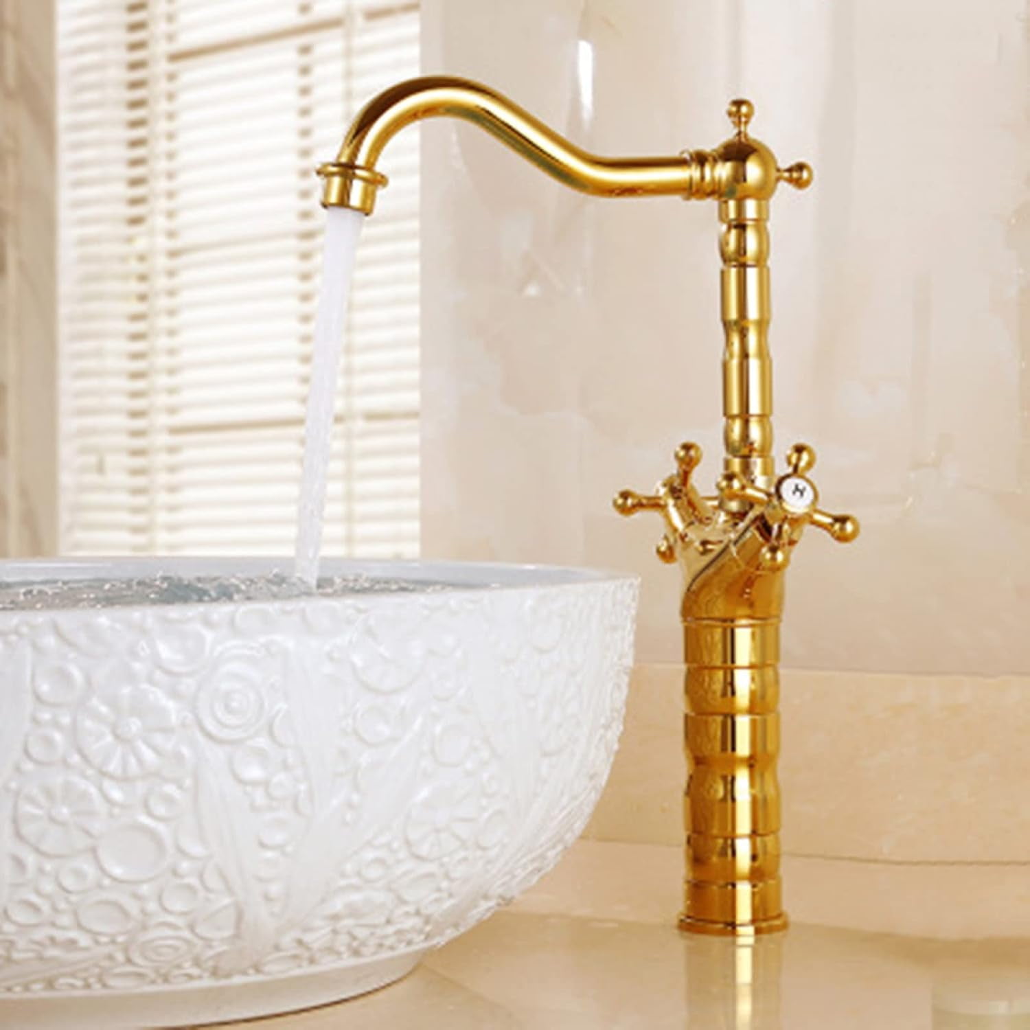 Vintage Bathroom Faucet Antique, 360 Degree Swivel Spout Bathroom Sink Faucet, Cold Hot Mixer Vintage Vanity Tap, Lavatory Faucet with Cross Handle, Brass, Gold