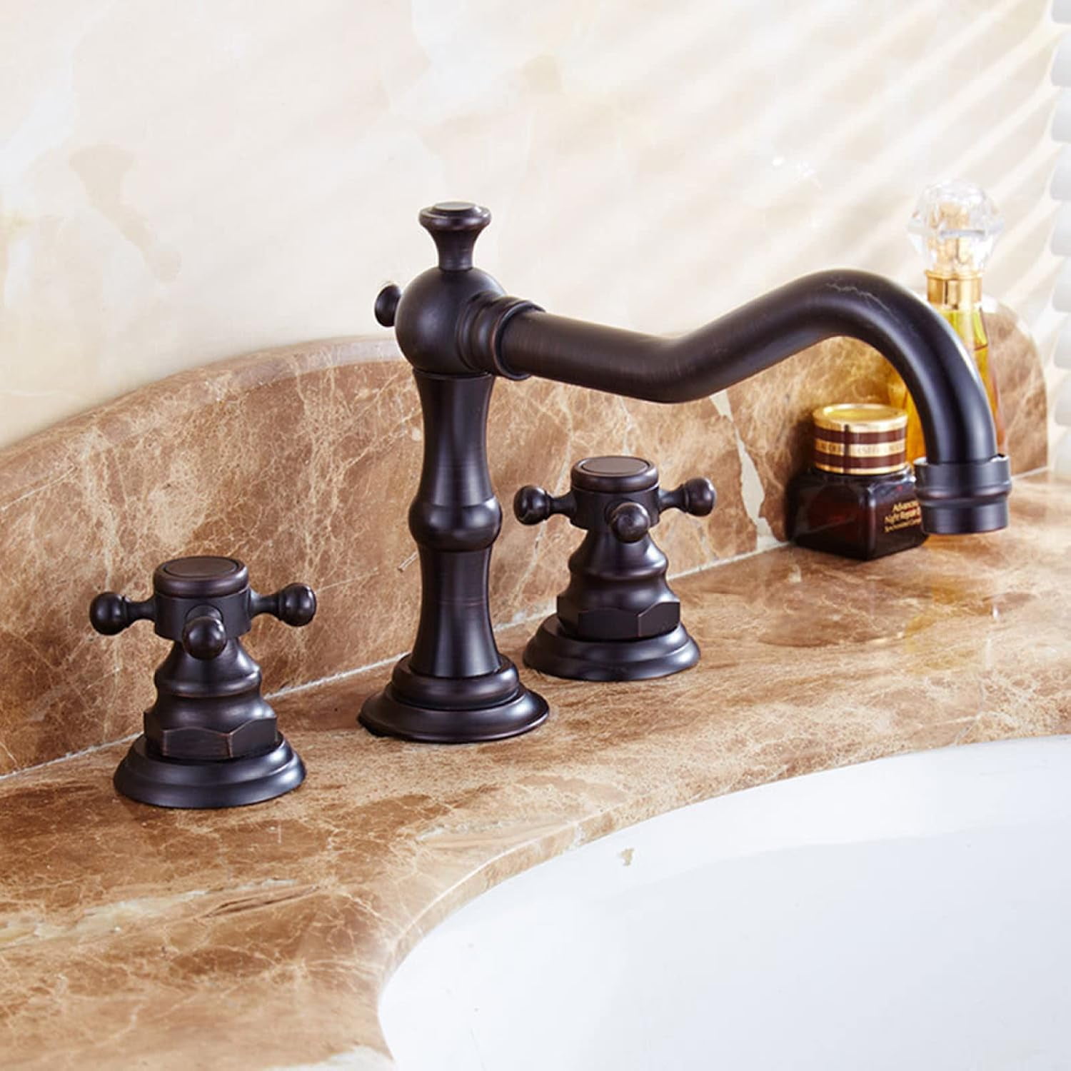 Vintage Bathroom Faucet, Hot and Cold Sink Mixer Tap Faucet, 2 Handle Bathroom Faucet, Double Cross Handle Mixer Bathroom Sink Tap, Brass Sink Faucet Bathroom 3 Hole, Black
