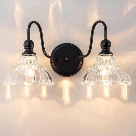SineRise Vintage Farmhouse 2-Light Black Vanity Sconce, Flower Glass Shade, Mirror Front Light, Bulbs Not Included