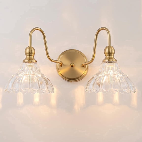 SineRise Vintage Farmhouse 2-Light Brass Wall Sconce, Flower Glass Shade, Bulbs Not Incl, E12 Base, Bathroom Mirror Front Light Fixture