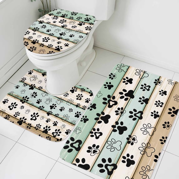 Vintage Bathroom Rugs Set Farmhouse Dog Paws Wood Grain Country Style Non Slip Absorbent Soft Bath Mats 3 Piece Set with Bathroom Rug, U-Shaped Floor Mat, Toilet Seat Cover Large Size