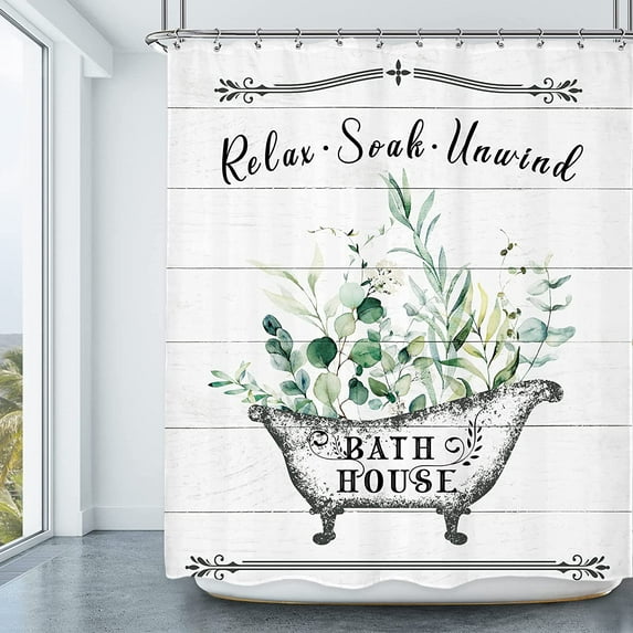 Vintage Bathroom Rules Shower Curtain 60Wx72H Inch Rustic Farmhouse Wooden Board Green Leaves Inspirational Quote Waterproof Polyester Fabric Bathroom Bathtub Decor 12 Pack Plastic Hooks