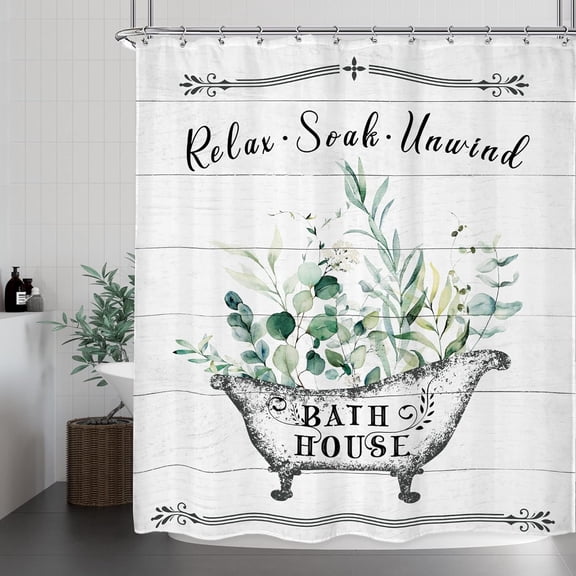 Vintage Bathroom Rules Shower Curtain 72Wx72H Inch Rustic Farmhouse Wooden Board Green Leaves Inspirational Quote Waterproof Polyester Fabric Bathroom Bathtub Decor 12 Pack Plastic Hooks