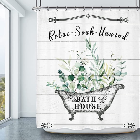 Vintage Bathroom Rules Shower Curtain 72Wx84H Inch Rustic Farmhouse Wooden Board Green Leaves Inspirational Quote Waterproof Polyester Fabric Bathroom Bathtub Decor 12 Pack Plastic Hooks