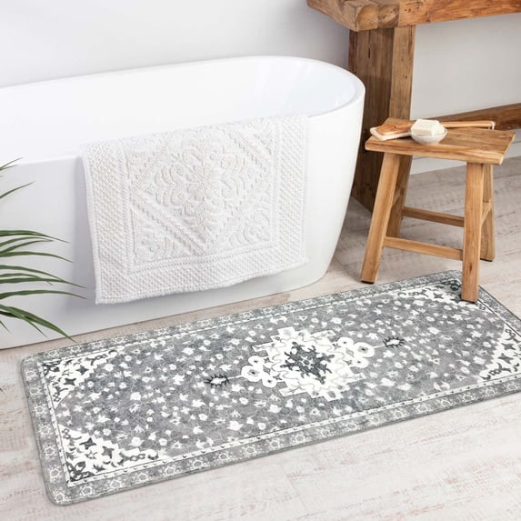 Vintage Bathroom Runner Rug Gray Non-Slip Soft Long Bathroom Rugs Machine Washable Oriental Persian Bath Mat Traditional Farmhouse Floral Floor Mats for Sink Shower Bathtub, 18x47 inch