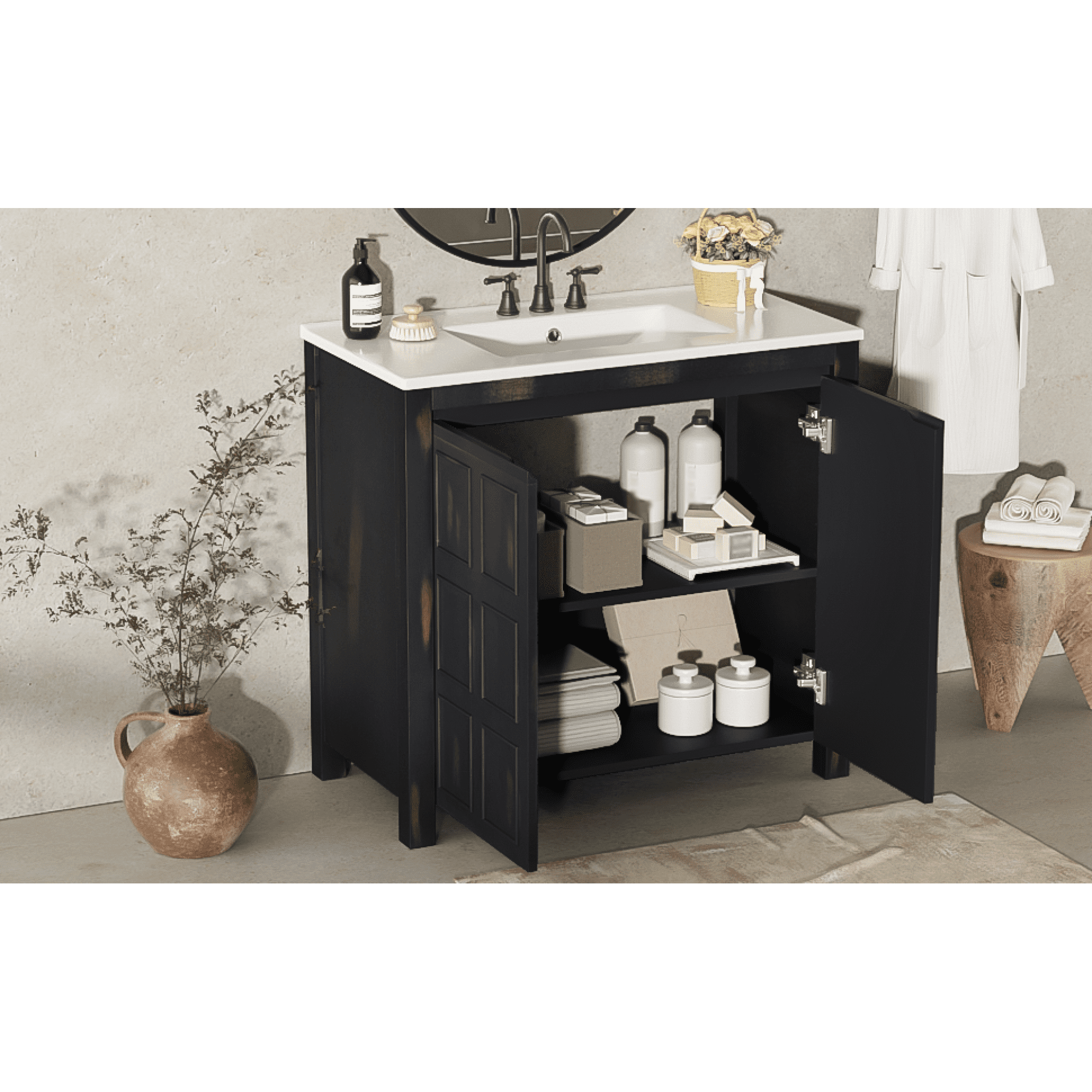 Vintage Bathroom Vanity with Ceramic Sink, Artisanal Distressed Finish and 2 Doors, 36" Espresso for Rustic Bathrooms