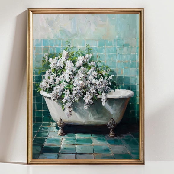 Vintage Bathtub Floral Wall Art Botanical Bathroom Print Shabby Chic Flower Tub Painting Aqua Tile Cottagecore Home Decor Wall Art