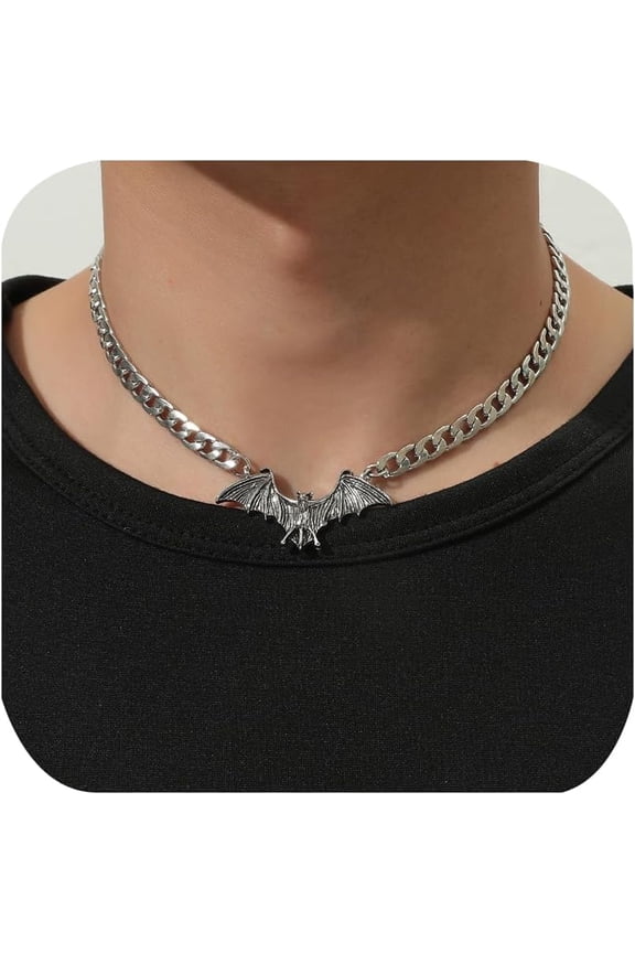 Vintage Bats Pendant Necklace Cuban Chain for Men Gift - Stainless Steel Vampire Bat Jewelry for Halloween & Retro Horror Fans