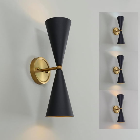 Vintage Battery Operated Black and Gold Wall Sconce, Up and Down Wall Light Fixture with Remote Control Dimmable Cordless Wall Lamp for Indoor Bedroom, Living Room, Restroom Stairs(1-Pack)