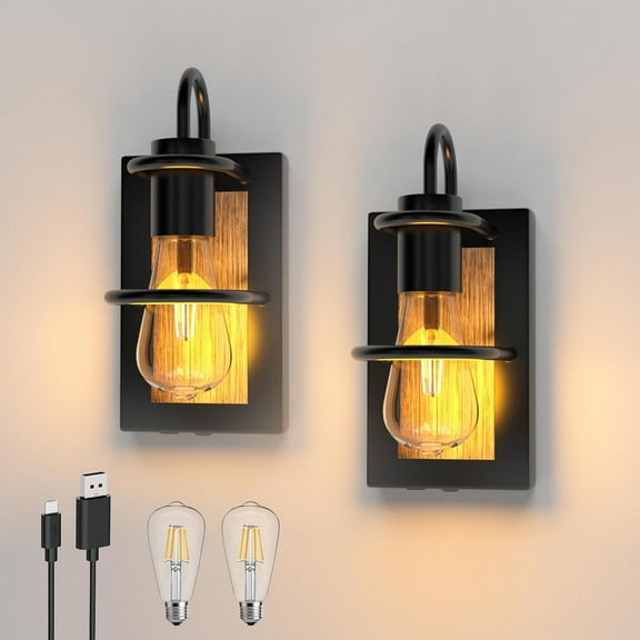 Vintage Battery Operated Wall Lights with Faux-Wood Finish, Dimmable Wall Lamp No Wiring Easy to Install, Cordless Rechargeable Wall Sconce for Farmhouse Living Room Bedroom Hallway