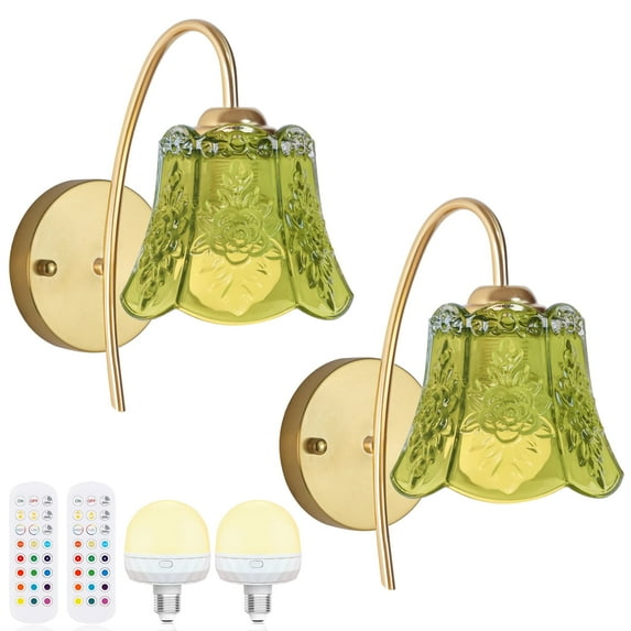 Vintage Battery Operated Wall Sconce with Flower lampshade,Rechargeable Battery Powered Wall Lights,Wall lamp with 15 Colors for Bedroom Living Room Home Decor (Green Rose, 2 Light Battery Operated)