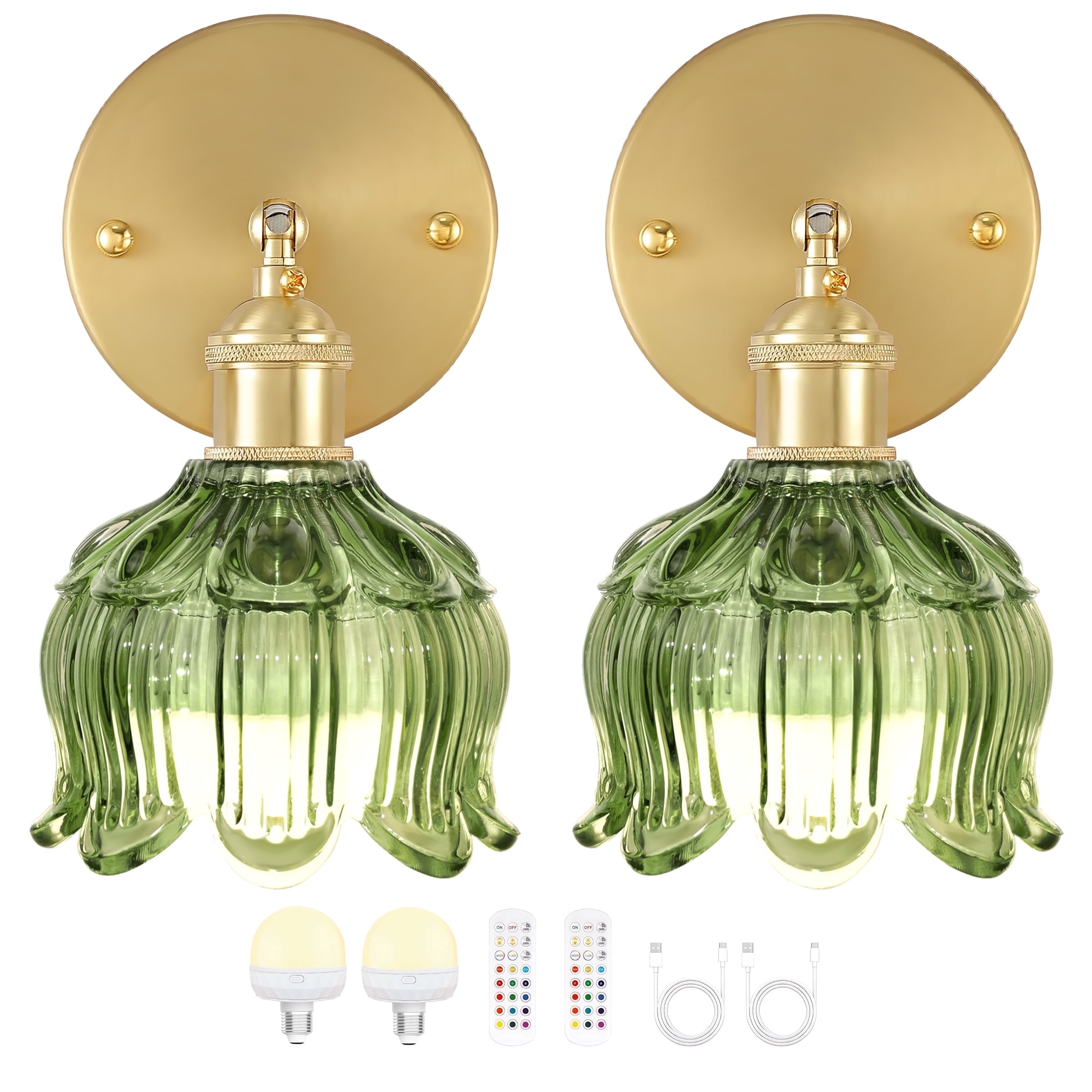 Vintage Battery Operated Wall Sconce with Flower lampshade,Rechargeable Battery Powered Wall lamp with 15 Colors for Bedroom Living Room Home Decor (Flower Green, 2 Light Battery Operated)