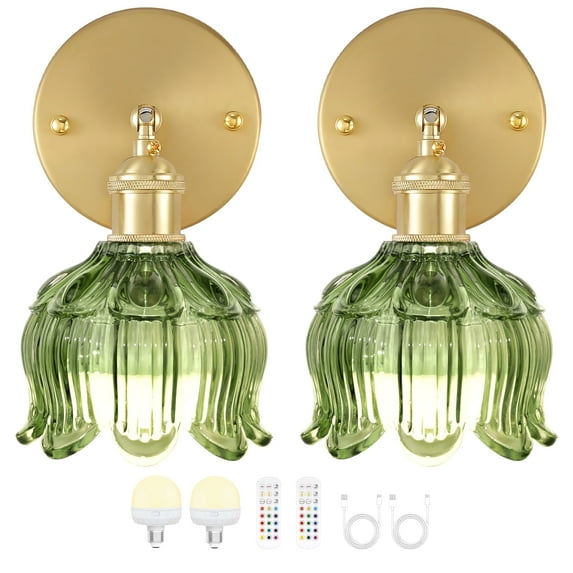 Vintage Battery Operated Wall Sconce with Flower lampshade,Rechargeable Battery Powered Wall lamp with 15 Colors for Bedroom Living Room Home Decor (Flower Green, 2 Light Battery Operated)