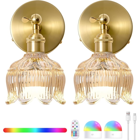Vintage Battery Operated Wall Sconces - 5000mAh Rechargeable Dimmable Lights with Remote Control - Set of 2 Cognac Flower Glass Cordless Mounted Lighting - Wireless Powered Light Sconce for Bedroom
