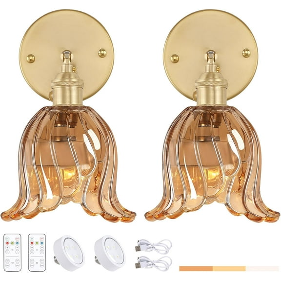 Vintage Battery Operated Wall Sconces Set of Two, Rechargeable Battery Powered Wall Sconces with Remote Control, Wireless Dimmable LED Light for Bedside Indoor Living Room (Amber Lily)