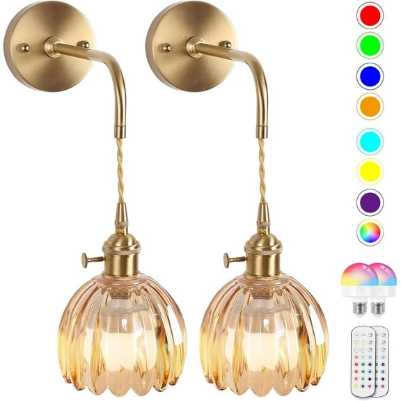 Vintage Battery Operated Wall Sconces Sets Of Two,Indoor not Hardwired Amber Tulip Glass Lampshade Fixtures,Rechargeable Wireless RGB Wall Lights with Dimmable Remote Control,for Bedroom Living Room
