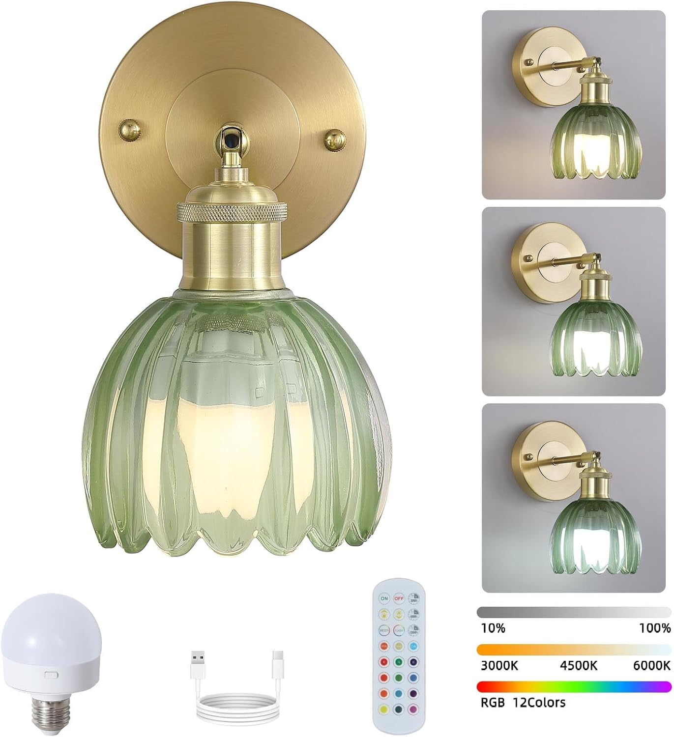 Battery Operated Wall Sconce Set Of 2 – Wireless, Remote Control, RGB Dimmable, 10000mAh Rechargeable