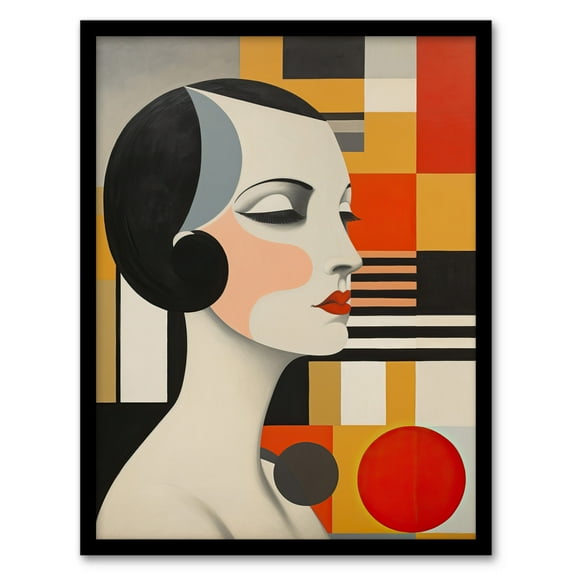 Vintage Bauhaus 1920s Portrait Oil Painting Geometric Shapes and Elegant Lady Artwork Framed Wall Art Print A4