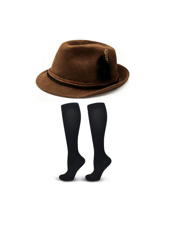 Vintage Bavarian Fedora Hat with Knee High Socks, Men Oktoberfest Cosplay Costume Kit for Themed Party,One Size