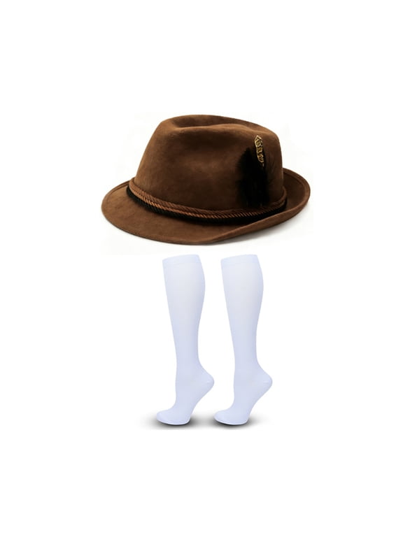 Vintage Bavarian Fedora Hat with Knee High Socks, Men Oktoberfest Cosplay Costume Kit for Themed Party,One Size