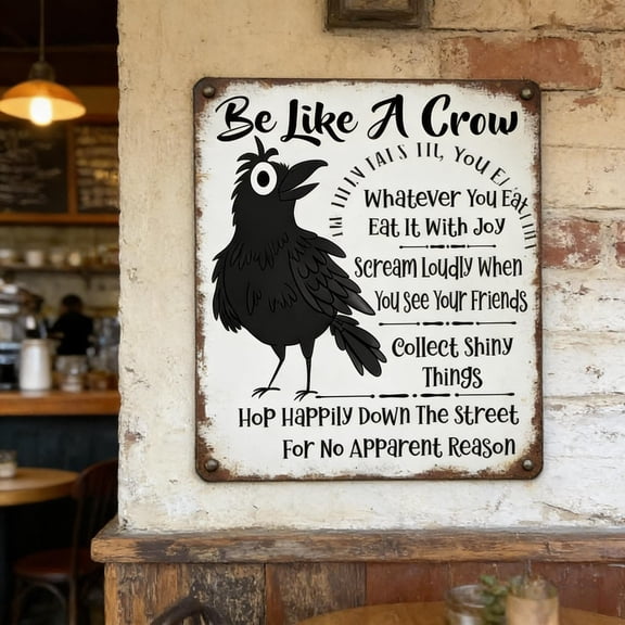 Vintage"Be Like A Crow" Metal Tin Sign, Funny Positive Wall Art Plaque for Home, Office and Kitchen, Retro Iron Wall Decor for Modern and Rustic Style Interior Decoration, 7.01*7.87in, Black
