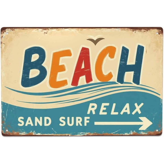 Vintage Beach Arrow Metal Tin Sign, Wave Ocean Surf Wall Decor for Home Bar Cafe, Retro Funny Design, 8 x 12 Inch
