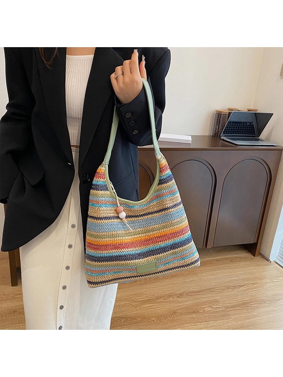 Vintage Beach Bag,Woven Tote Bag Womens Purse,Women Straw Shoulder Bag,Large Rattan Woven Totes,Summer Travel Beach Handbag Handmade Top Handle Purse,Hobo Bags,Woven Tote Bag Crochet Shoulder Bag