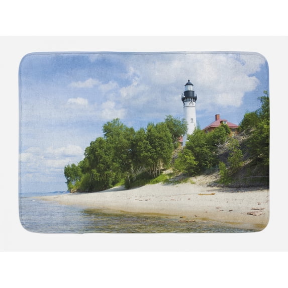 Vintage Beach Bath Mat, Photo of Trees Lighthouse on a Beach Cloudy Sky Calm Nature Landscape Art, Plush Bathroom Decor Mat with Non Slip Backing, 29.5" X 17.5", Multicolor, by Ambesonne