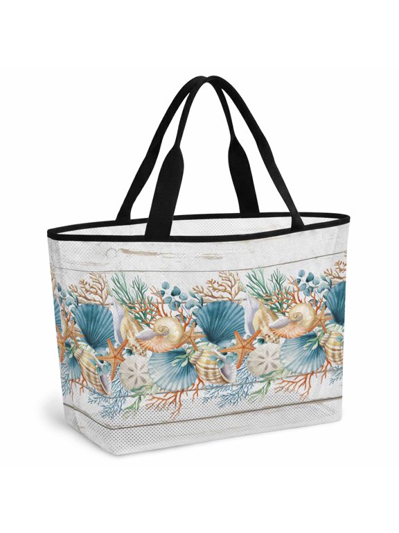 Vintage Beach Coastal Beach Bag for Women,Large Breathable Mesh Beach Tote Bag,Nautical Shell Starfish Coral Summer Sandproof Lightweight Travel Bags for Vacation Picnic Swimming Pool