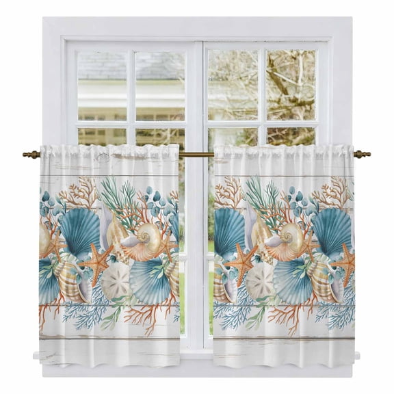 Vintage Beach Coastal Kitchen Curtain for Berdoom Living Room Cafe 54 Inch Length, Nautical Shell Starfish Coral Summer Tiers Curtains Light Filtering Drapes Window Treatment 2 Panels 52"Wx54"L